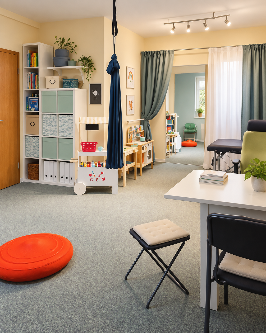 Heller Therapieraum mit Spielküche, Bewegungstuch und Behandlungsliege